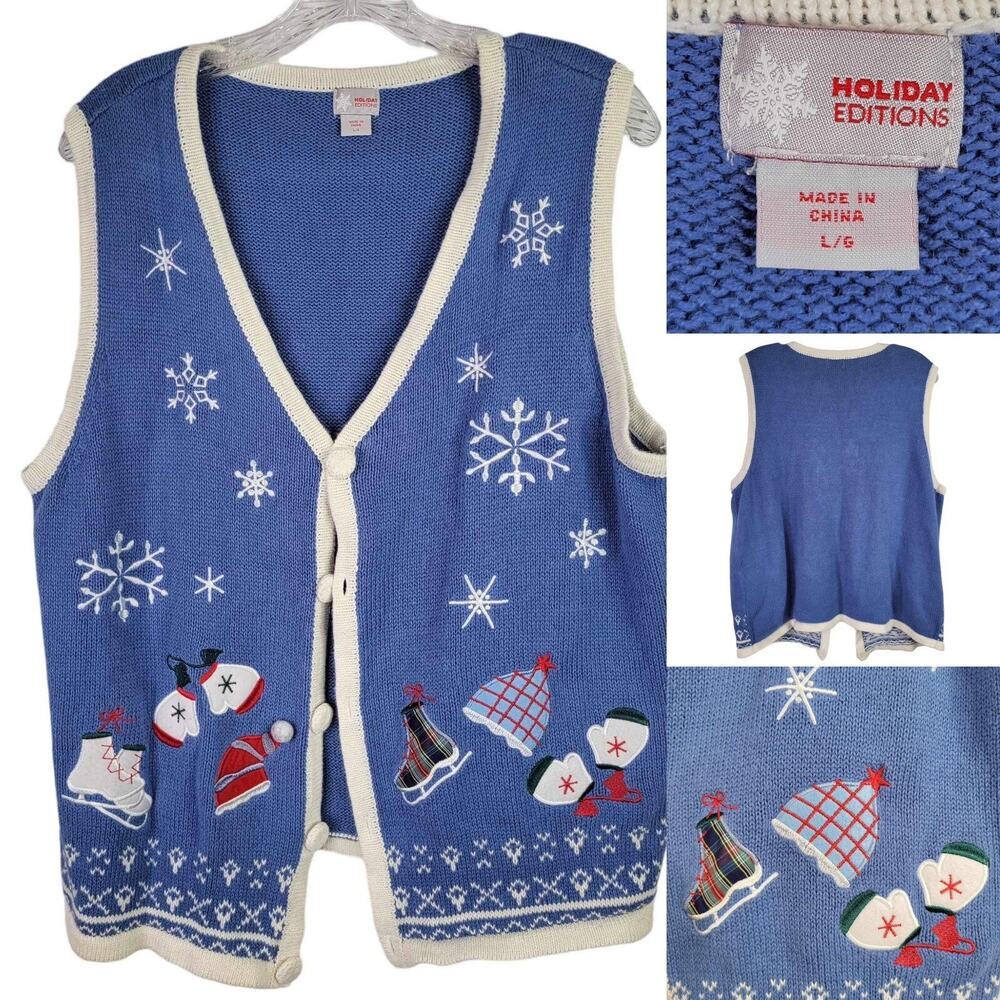 Holiday Editions Vtg Sweater Vest Women's Christmas Grandma Size L Blue Cotton